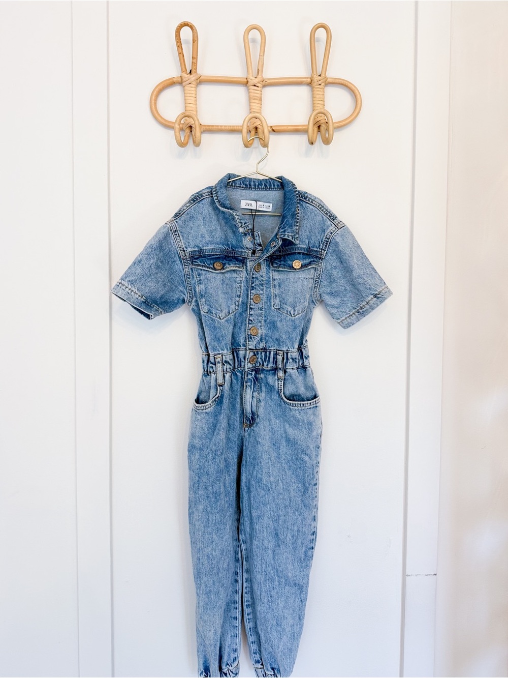 Zara Light Blue Short-Sleeve Denim Jumpsuit
